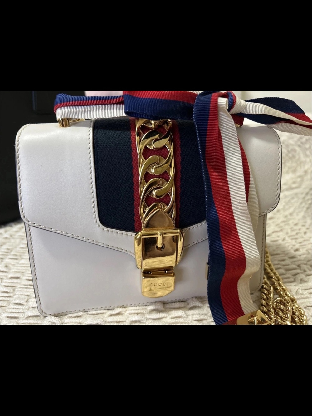 Gucci Sylvie White Leather Flap Chain Crossbody Shoulder Bag with Metal Buckle